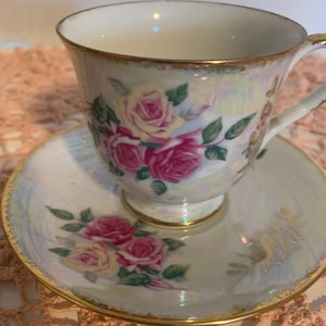 Vintage Iridescent Rose Tea Cup and Saucer Set | Shimmering Mother of Pearl Finish with Gold Trim | Romantic Cottagecore Collectible