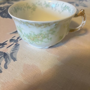 May include: A white teacup with a floral pattern in shades of green and gold. The cup has a gold-colored handle.