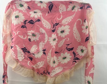 Vintage Handmade Pink Floral Apron : 1950s Chiffon Ruffle Kitchen Decor