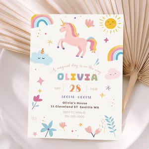 Convite de Aniversário com Arco-Íris de Unicórnio Mágico – Download Digital Editável Personalizado | Convite para Festa Infantil | Cartão de Aniversário Personalizado para Meninas