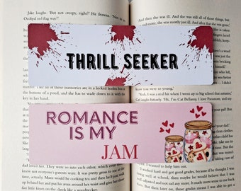 Genre bookmarks - Thriller bookmarks | Romance is my jam | Book tropes | Bookworm gifts | Reading accessories