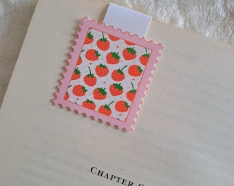 Red Strawberry stamp magnetic bookmark ~ Booklover gift, Spring, Coquette, Reading accessory for bookworm