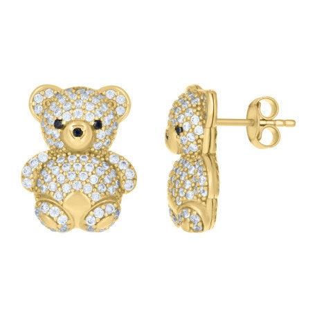 Teddy Bear Fashion Stud Earrings in 10k Solid Yellow Gold with Polished Colored CZ Gemstone Push Back for Women