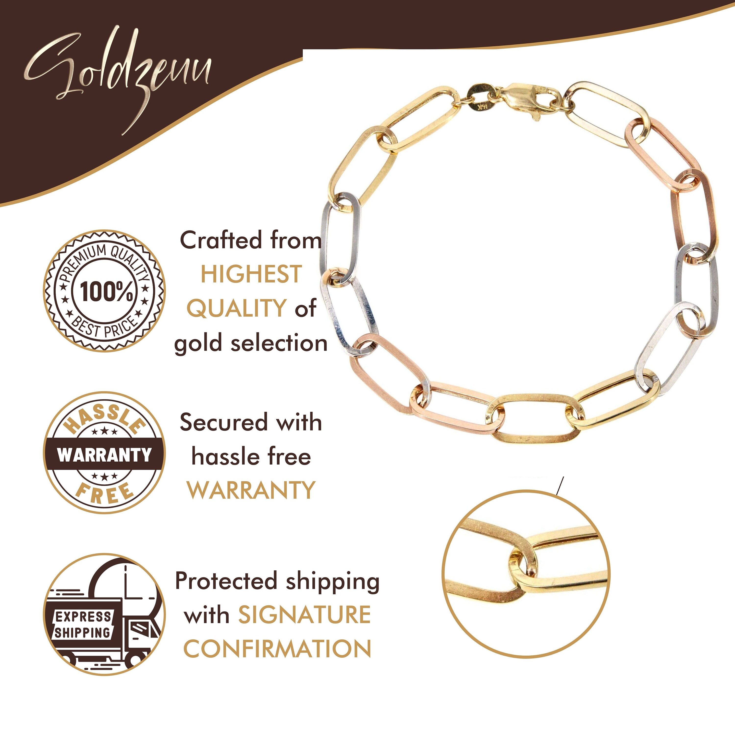 4mm Hollow Tri Color Paper Clip Gold Bracelet, Men's Hollow Yellow Gold