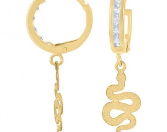 Snake Dangle Hoop Earrings in 10k Solid Yellow Gold Endless Closure, Animal Serpent Earring 27.3mm