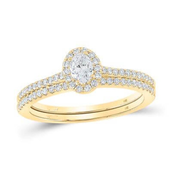 Oval Diamond Ring, Halo Bridal Wedding Ring Set, Prong Set Ring, Cluster Bridal Jewelry Set, Engagement Ring, 14k Yellow Gold