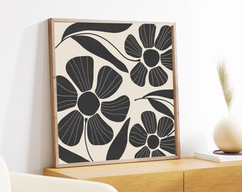 Square wall art, botanical illustration, Beige and black decor, Large Square Wall Art, DIGITAL DOWNLOAD, Printable Art