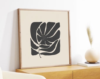 Wavy flower Abstract botanical wall art, Beige and black aesthetic room decor, floral downloadable print, Square poster, digital download