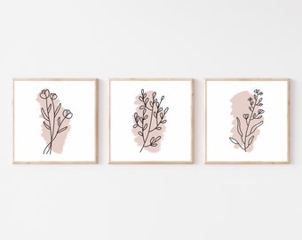 Minimalist botanical downloadable wall art set,  flowers line art set of 3, Beige and black botanical print, neutral wall decor