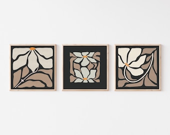 Square minimalist print set of 3, neutral  downloadable botanical wall art, Organic shape minimalistic art print, digital download