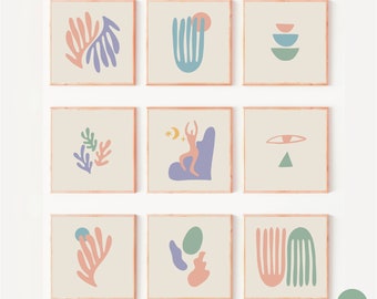 Square matisse wall art set of 9, pastel gallery wall prints, aesthetic room decor, digital download