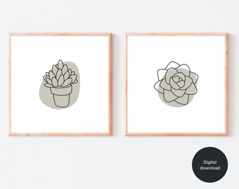 Minimalist Cactus line art print set of 2, simple botanical wall art, square artwork gallery, downloadable wall decor, digital download