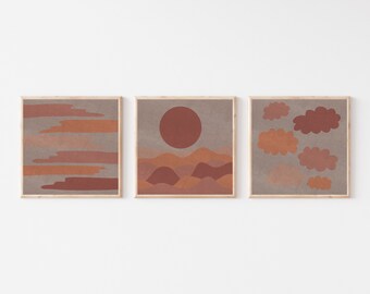 Square Abstract wall art set of 3, Modern terracotta prints gallery, digital download