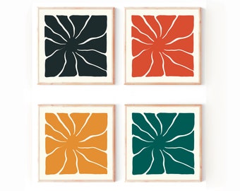 Wavy flower Abstract botanical wall art set of 4, Colorful  aesthetic room decor , Square floral downloadable print, digital download