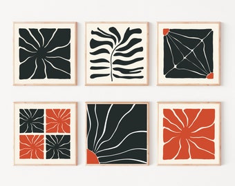 Wavy flower Abstract botanical wall art set of 4, Black and orange aesthetic room decor, Square floral downloadable print, digital download