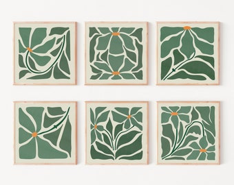 Square botanical wall art set of 6, emerald green art, Sage green  wall decor, downloadable posters