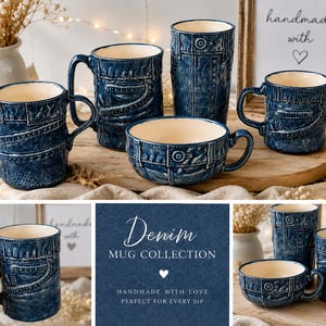 May include: A collection of ceramic mugs and a bowl featuring a textured blue denim fabric design with visible stitching, pockets, and button details. The interior of each piece is a smooth cream color. The set includes various shapes and sizes.