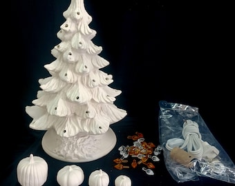 10 inch Ready to paint Halloween Christmas tree With 4 tiny Pumpkins plus light kit set.