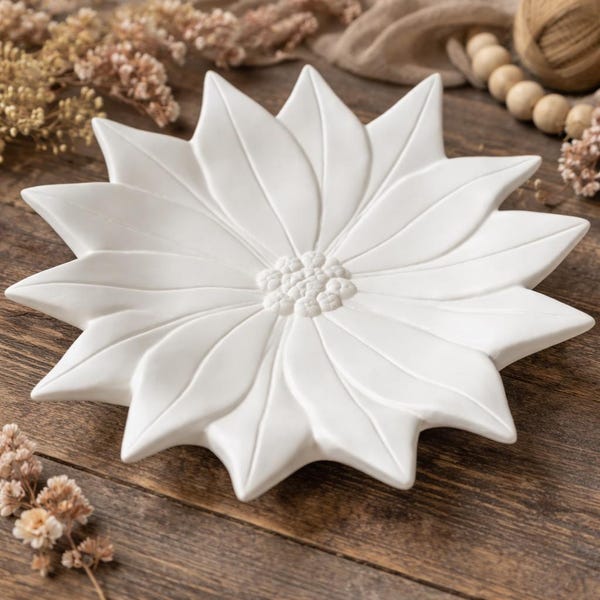 Unpainted Ceramic Dahlia Dish – DIY Craft, Ready to Paint (8.5 inch )