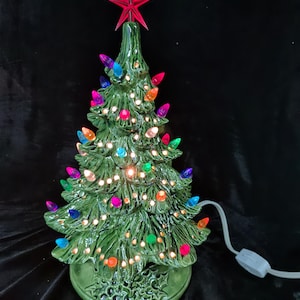 Glazed  Ceramic Vintage Green Christmas Tree 11 inches or Large 17 inches with lights, Star and tons of holes.  Nowell mold. Free Shipping!