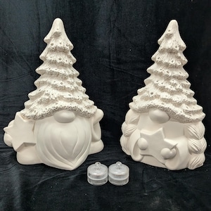 Ready to paint boy and girl Christmas gnomes, with Christmas Tree Hat, set of 2 Clay magic Tannenbaum Gnome
