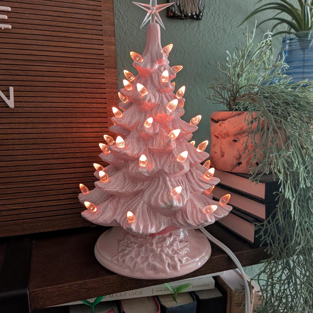 Handmade Glazed Ceramic Vintage Pink Nowell Christmas Tree 11 inches tall with star and lights. Free Shipping!