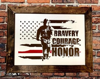 Firefighter Bravery, Courage, Honor Wooden Framed Picture Wall Decor 18" x 14"