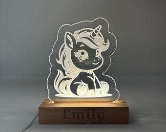 Unicorn LED Night Light Acrylic with Wood Base for Kids Room