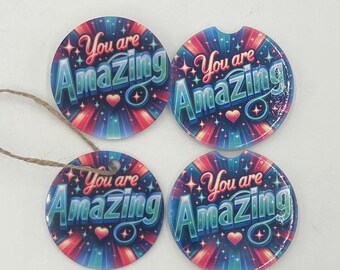 Set of 4 Matching Inspirational Car accessories. Coasters, Sun Visor and Rear Mirror Hanging Bundle
