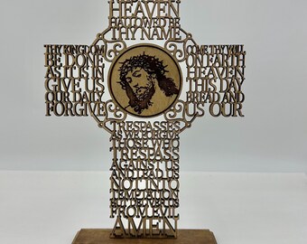 The Lords Prayer Cross with Jesus Wood Table Top Decor on Stand