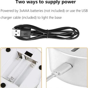 May include: Image showing two power supply options. One option is a USB charger cable, and the other is powered by 3xAAA batteries. The text reads "Two ways to supply power".