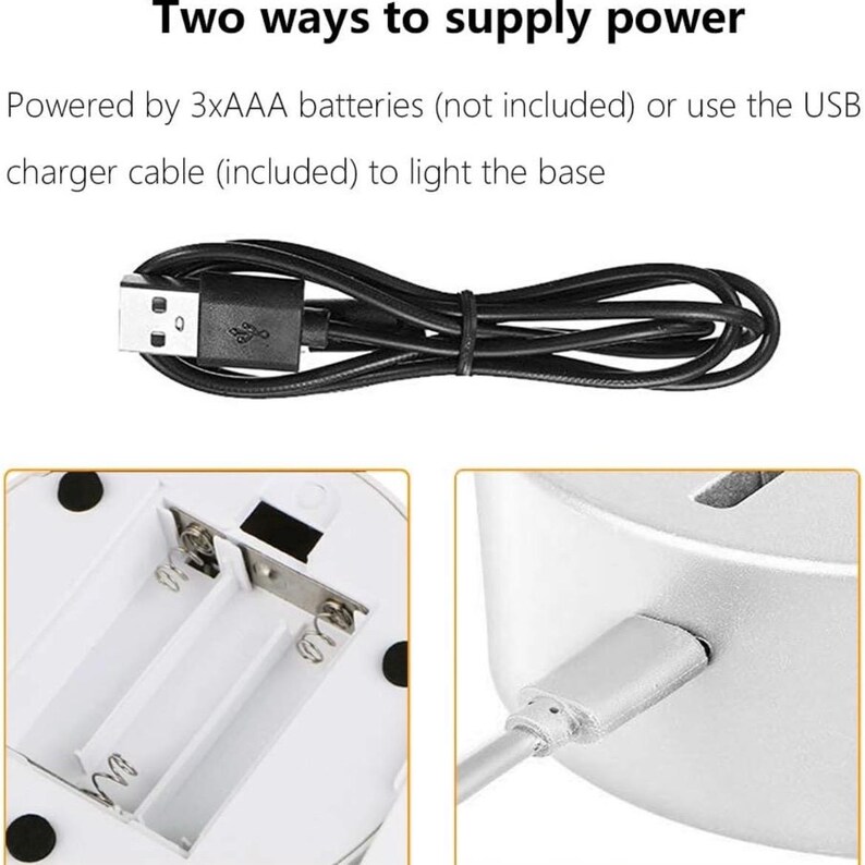 May include: Image showing two power supply options. One option is a USB charger cable, and the other is powered by 3xAAA batteries. The text reads "Two ways to supply power".