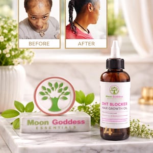 May include: An image showcasing a hair growth oil product. The image includes a before-and-after comparison, a bottle of oil, and a decorative soap dish. The product is labeled "DHT Blocker Hair Growth Oil" by Moon Goddess Essentials.