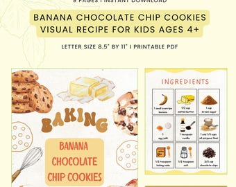 Op de afbeelding: Een 9-pagina's tellend printbaar PDF-recept voor bananen-chocoladekoekjes voor kinderen vanaf 4 jaar. Het document bevat geïllustreerde lijsten met ingrediënten en benodigdheden, zoals bananen, boter, suiker, bloem en maatbekers, formaat 21,6 cm bij 27,9 cm.