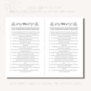Op de afbeelding: Een printbare Pass the Prize babyshower spelkaart met zwarte tekst op een witte achtergrond. De kaart bevat een gedicht met veertien instructies en een afbeelding van babyblokken. De kaart meet 13,97 cm bij 21,59 cm per stuk.