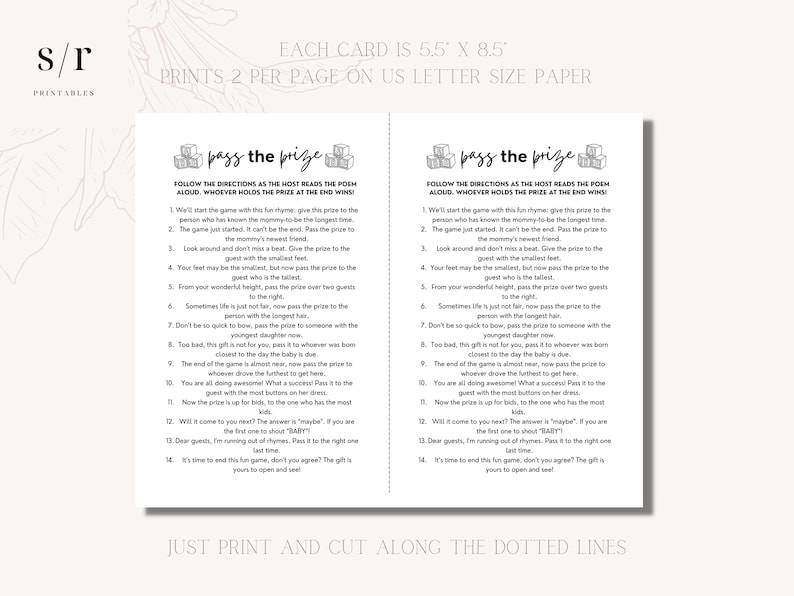 Op de afbeelding: Een printbare Pass the Prize babyshower spelkaart met zwarte tekst op een witte achtergrond. De kaart bevat een gedicht met veertien instructies en een afbeelding van babyblokken. De kaart meet 13,97 cm bij 21,59 cm per stuk.
