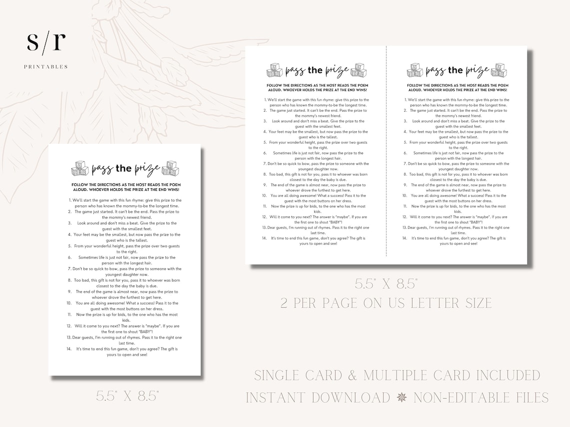 Pass the Prize Poem Game, Printable Baby Shower Games, Minimalist, DIY ...
