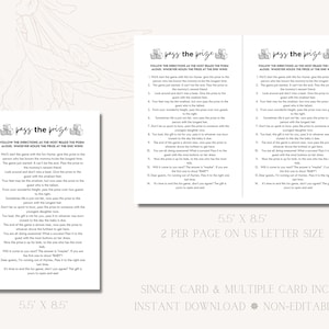 Op de afbeelding: Een printbare spelkaart getiteld Pass the Prize met zwarte tekst op een witte achtergrond. De kaart bevat een gedicht van 14 regels met instructies voor een babyshower-spel, ge&iuml;llustreerd met kleine blokpictogrammen. Afmetingen 13,97 bij 21,59 cm.