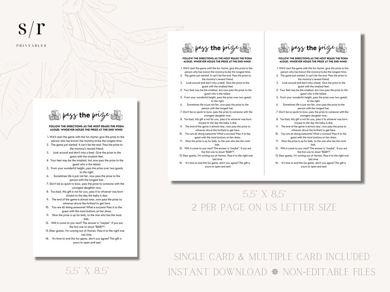 Op de afbeelding: Een printbare spelkaart getiteld Pass the Prize met zwarte tekst op een witte achtergrond. De kaart bevat een gedicht van 14 regels met instructies voor een babyshower-spel, ge&iuml;llustreerd met kleine blokpictogrammen. Afmetingen 13,97 bij 21,59 cm.