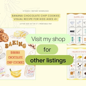 Op de afbeelding: Een printbaar visueel recept van 9 pagina's voor bananen-chocoladekoekjes voor kinderen vanaf 4 jaar. Het document bevat ge&iuml;llustreerde lijsten met benodigdheden en ingredi&euml;nten, met tekeningen van koekjes, boter, bananen, bloem, suiker en bakgerei.