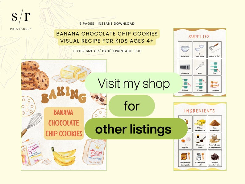 Op de afbeelding: Een printbaar visueel recept van 9 pagina's voor bananen-chocoladekoekjes voor kinderen vanaf 4 jaar. Het document bevat ge&iuml;llustreerde lijsten met benodigdheden en ingredi&euml;nten, met tekeningen van koekjes, boter, bananen, bloem, suiker en bakgerei.