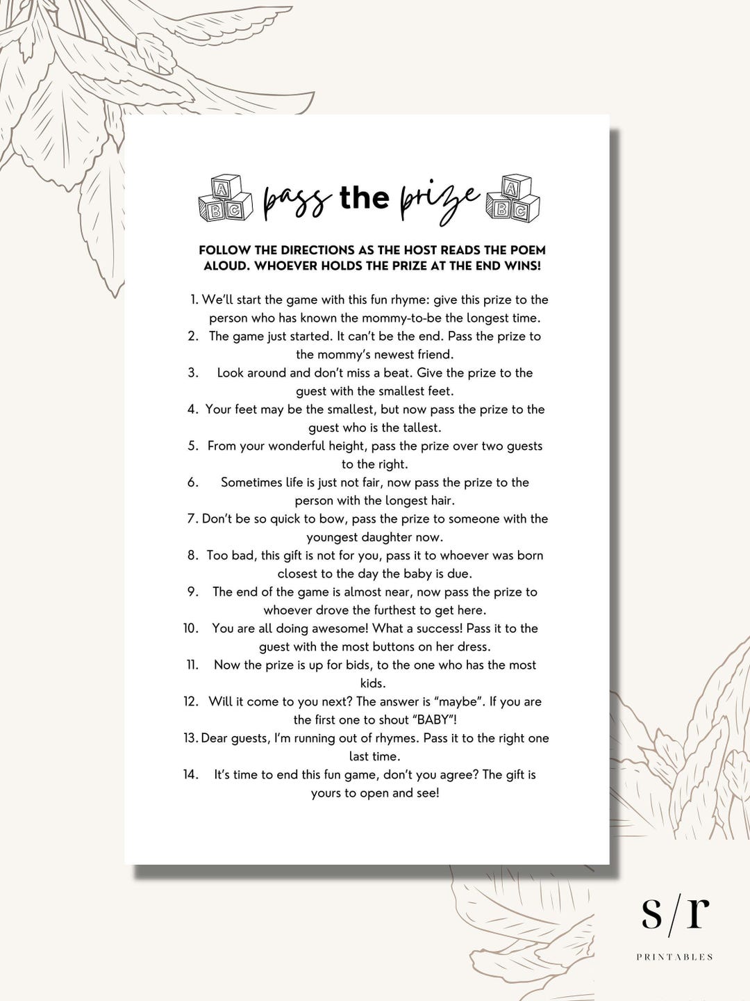 Pass the Prize Poem Game, Printable Baby Shower Games, Minimalist
