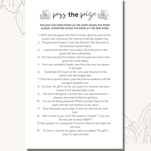 Pass the Prize Poem Game, Printable Baby Shower Games, Minimalist, DIY Printable, Instant Download, PDF