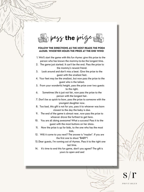 Pass the Prize Poem Game, Printable Baby Shower Games, Minimalist, DIY Printable, Instant Download, PDF