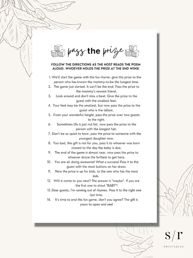 Op de afbeelding: Een witte printbare spelkaart getiteld Pass the Prize met zwarte tekst en lijntekeningen van babyblokken. De kaart bevat veertien genummerde instructies voor een babyshower-spel en eindigt onderaan met de tekst s/r PRINTABLES.