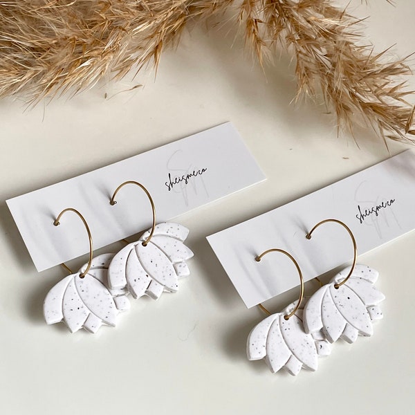 MILAH - WHITE | Lotus , Statement Neutral Hoop Earrings | Handmade Polymer Clay Earrings