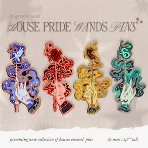 May include: Enamel pins featuring wand designs, each with unique color schemes and details. The pins are approximately 2.6 inches tall and showcase a hand holding a wand with decorative elements. Text on the pins reads "HOUSE PRIDE WANDS PINS" and "presenting new collection of houses enamel pins."