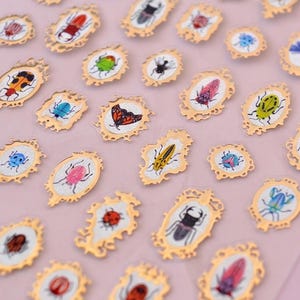 Puede incluir: Una hoja de pegatinas transparentes con varios insectos, incluyendo escarabajos, mariposas y mariquitas, cada uno dentro de un marco dorado metálico ornamentado. Los insectos se muestran en colores como rojo, azul, verde y amarillo sobre un fondo rosa claro.