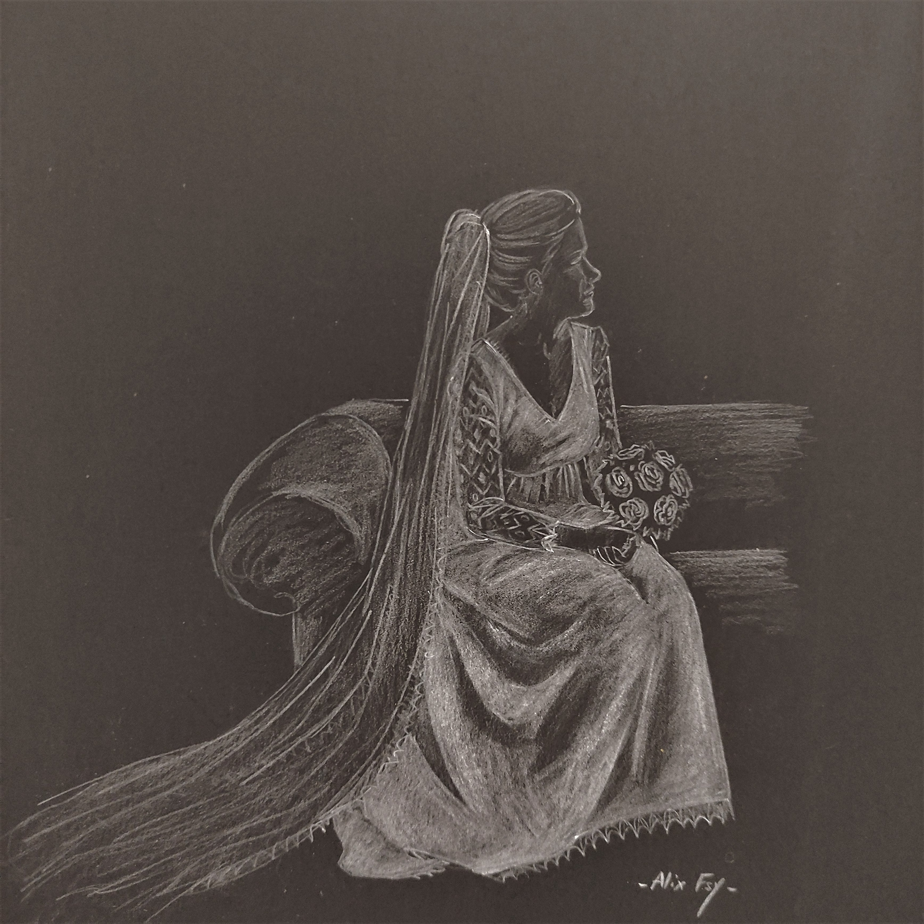 Portrait Famille Personnalisé Blanc sur Fond Noir, Dessin de Robe Mariée, Illustration en Négatif, F