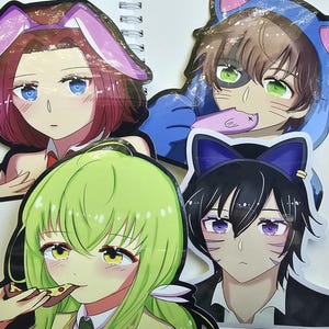 May include: Four anime-style character stickers with different colored hair and outfits. Each character is wearing cat ears and has a different expression. The stickers are on a white background.